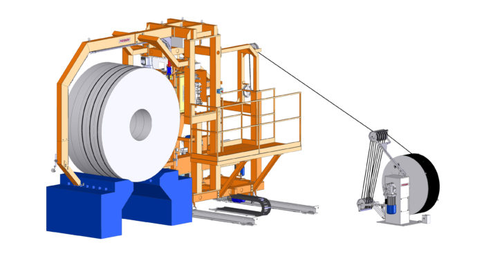 Automatische Umreifungsmaschine mit Roboter zum Aufbringen von Etiketten für Coils